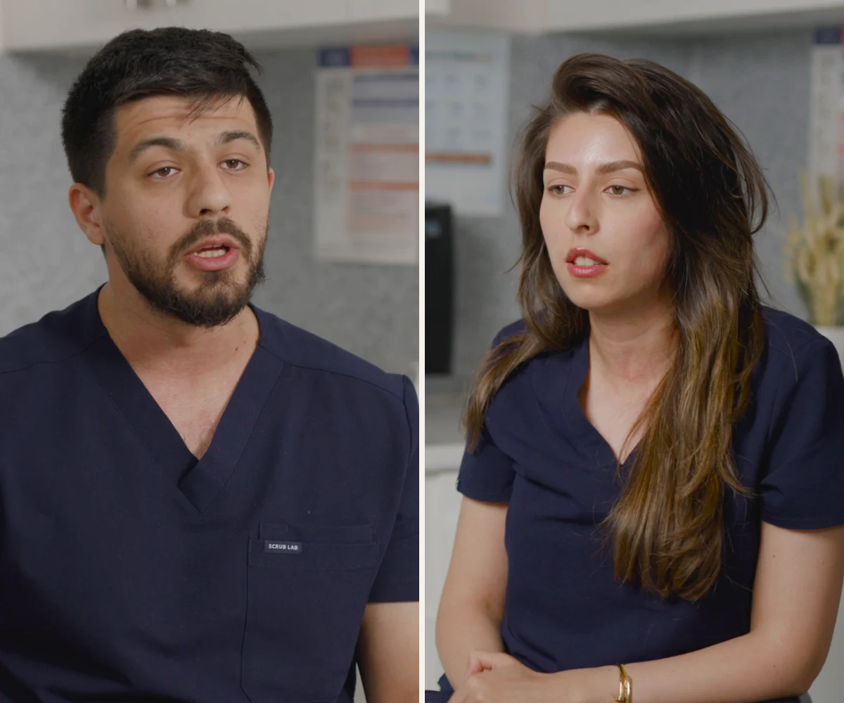 Dr Ahmed Ibrahim and Dr Aseel Ibrahim, shown in two separate film stills